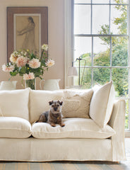 Coco 3 seater sofa with Self Piped Knife Edge cushion in Designers Guild Brera Lino Chalk - Made to order