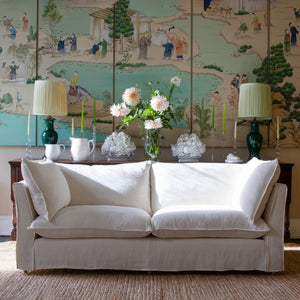 Coco 2.5 seater sofa with Self Piped Knife Edge cushion in Designers Guild Brera Lino Chalk  - Hand Made in USA