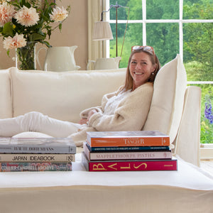Coco 2 seater sofa with Self Piped Knife Edge cushion in Designers Guild Brera Lino Chalk  - Hand Made in USA