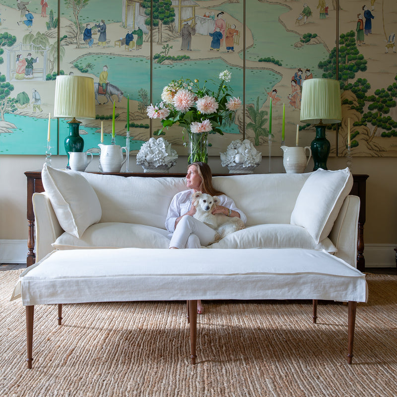 Coco 2.5 seater sofa with Self Piped Knife Edge cushion in Designers Guild Brera Lino Chalk  - Hand Made in USA