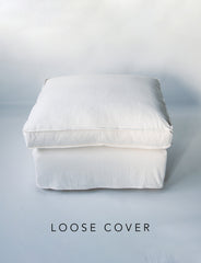 Coco Footstool cover with Self Piped Box Edge cushion in Cotton Linen White Camellia - Hand Made in USA