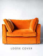 Coco Loveseat sofa cover with Self Piped Box Edge cushion in Designers Guild Varese Saffron - Hand Made in USA