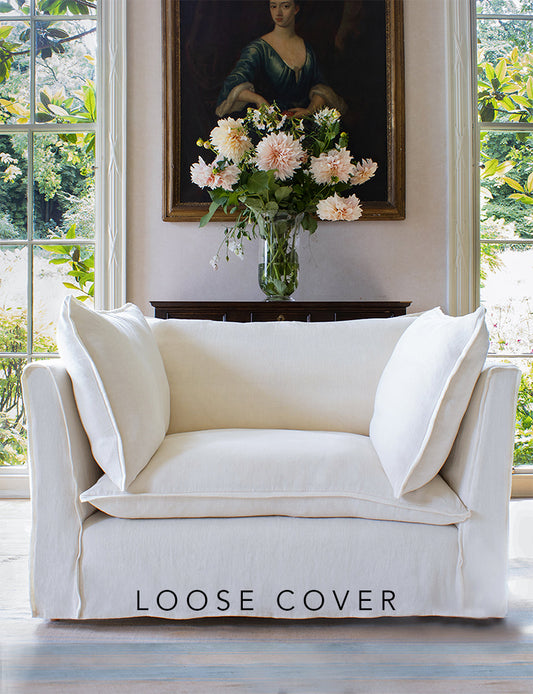 Coco Loveseat sofa cover with Self Piped Knife Edge cushion in Designers Guild Brera Lino Chalk - Hand Made in USA