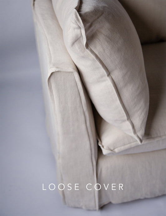 Coco Loveseat sofa cover with Self Piped Knife Edge cushion in Designers Guild Brera Lino Putty - Hand Made in USA