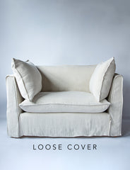 Coco Loveseat sofa cover with Self Piped Knife Edge cushion in Designers Guild Brera Lino Putty