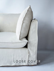 Coco Loveseat sofa cover with Self Piped Knife Edge cushion in Designers Guild Brera Lino Putty