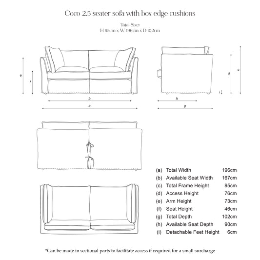 Coco 2.5 seater sofa with Self Piped Box Edge cushion in Cotton Linen White Camellia  - Hand Made in USA (Available for Quick Ship)