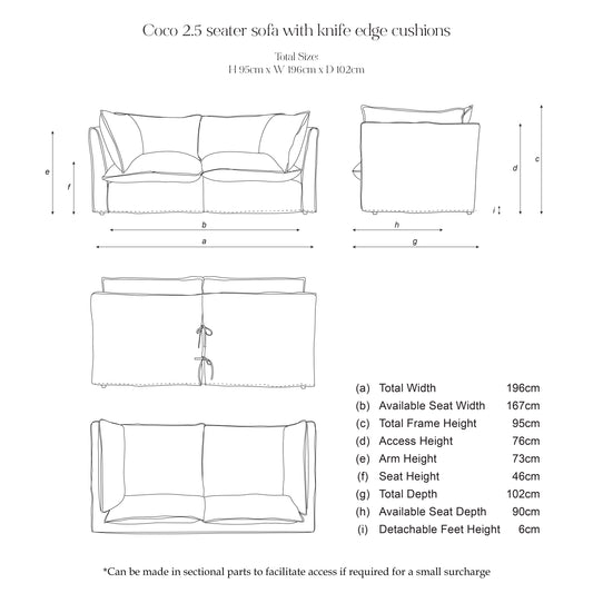 Coco 2.5 seater sofa with Self Piped Knife Edge cushion in Charcoal Stripes  - Hand Made in USA (Available for Quick Ship)