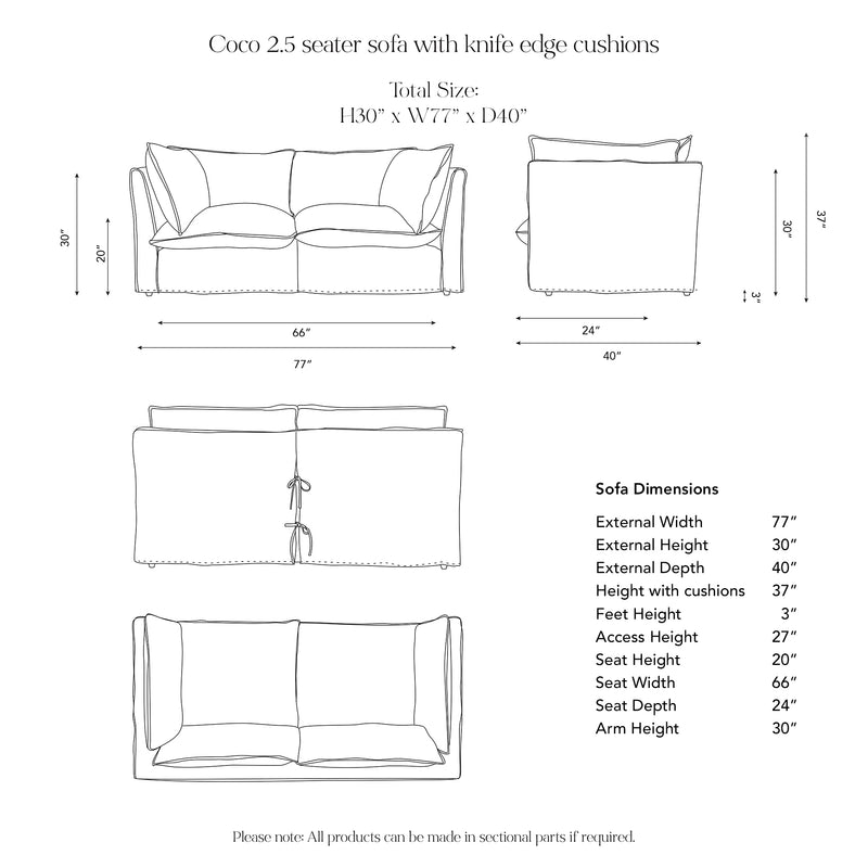 Coco 2.5 seater sofa with Self Piped Knife Edge cushion in Customers Own Material (excl. Fabric) - Hand Made in USA