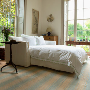Coco 2.5 seater sleeper sofa with Self Piped Knife Edge cushion in Cotton Linen Cool Coconut  - Hand Made in USA