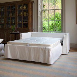 Coco 2.5 seater sleeper sofa with Self Piped Knife Edge cushion in Cotton Linen Cool Coconut  - Hand Made in USA
