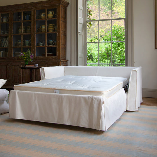 Coco 2.5 seater sofa bed with Self Piped Knife Edge cushion in Cotton Linen Cool Coconut  - Hand Made in USA