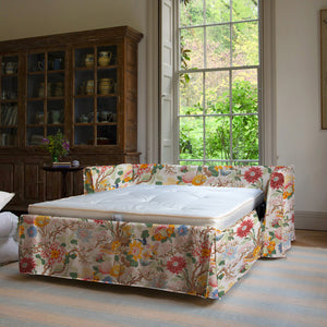 Coco 2.5 seater sleeper sofa with Self Piped Knife Edge cushion in Magnolia Cream Blue  - Hand Made in USA