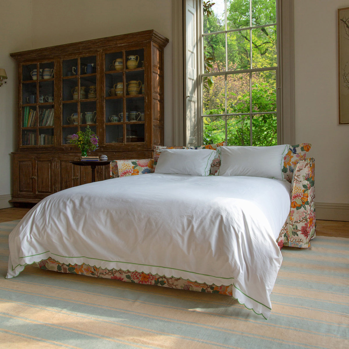 Coco 2.5 seater sleeper sofa with Self Piped Knife Edge cushion in Magnolia Cream Blue  - Hand Made in USA