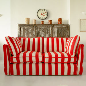 Coco 3 seater sofa with Self Piped Box Edge cushion in Stripes Petunia  - Hand Made in USA