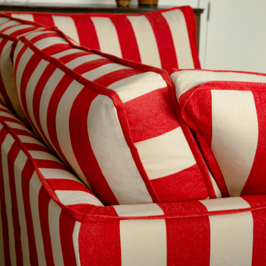 Coco Loveseat with Self Piped Box Edge cushion in Petunia Stripes - Hand Made in USA