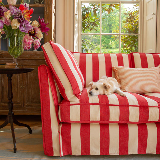 Coco 3 seater sofa with Self Piped Box Edge cushion in Stripes Petunia  - Hand Made in USA