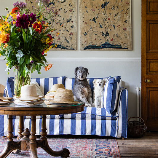 Coco 3 seater sofa with Self Piped Knife Edge cushion in Stripes Sea Holly  - Hand Made in USA (Available for Quick Ship)