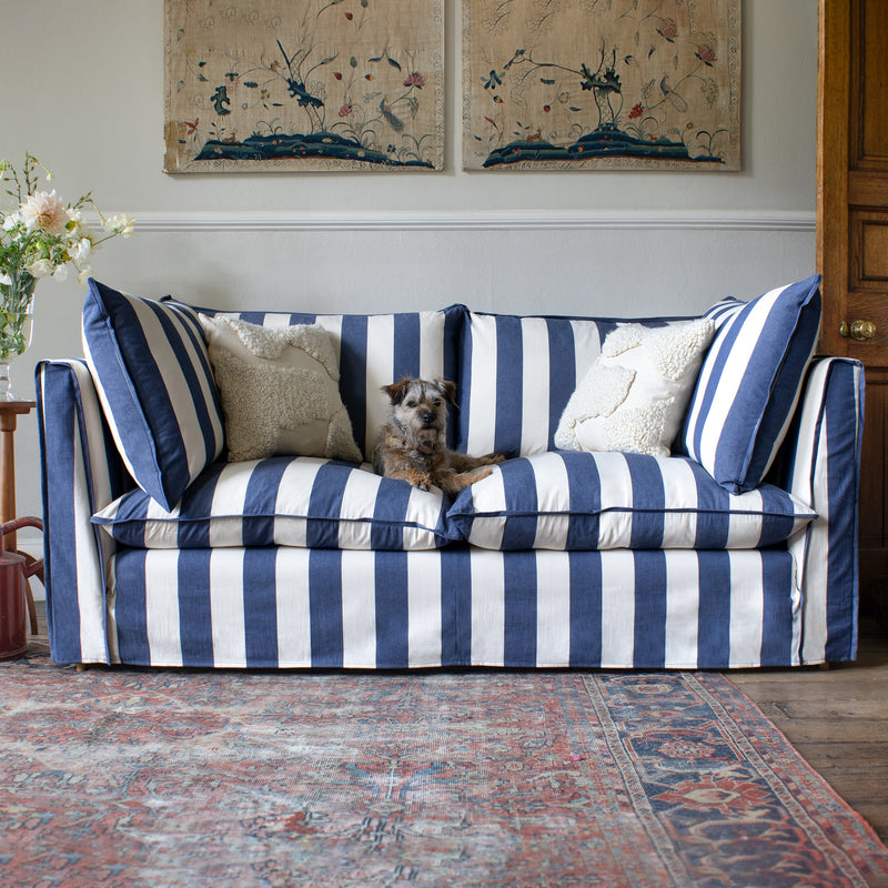 Coco 2.5 seater sofa with Self Piped Knife Edge cushion in Stripes Sea Holly  - Hand Made in USA