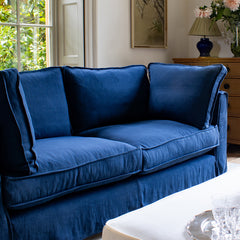 Coco 2.5 seater sofa with Self Piped Box Edge cushion in Designers Guild Brera Lino Indigo  - Hand Made in USA