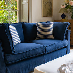 Coco 2.5 seater sofa with Self Piped Box Edge cushion in Designers Guild Brera Lino Indigo  - Hand Made in USA