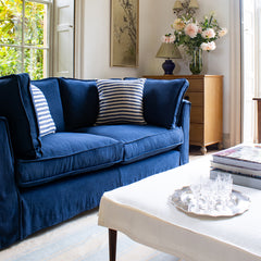 Coco 2.5 seater sofa with Self Piped Box Edge cushion in Designers Guild Brera Lino Indigo  - Hand Made in USA