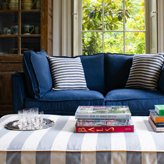 Coco 2.5 seater sofa with Self Piped Box Edge cushion in Designers Guild Brera Lino Indigo  - Hand Made in USA