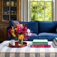 Coco 2.5 seater sofa with Self Piped Box Edge cushion in Designers Guild Brera Lino Indigo  - Hand Made in USA