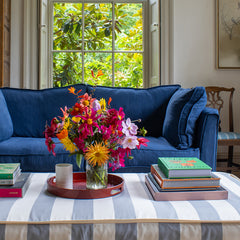 Coco 2.5 seater sofa with Self Piped Box Edge cushion in Designers Guild Brera Lino Indigo  - Hand Made in USA