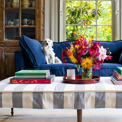Coco 2.5 seater sofa with Self Piped Box Edge cushion in Designers Guild Brera Lino Indigo  - Hand Made in USA