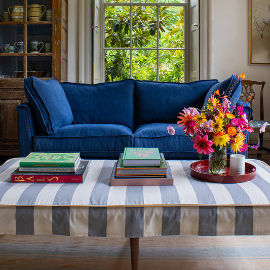 Coco 2.5 seater sofa with Self Piped Box Edge cushion in Designers Guild Brera Lino Indigo  - Hand Made in USA