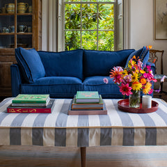 Coco 2.5 seater sofa with Self Piped Box Edge cushion in Designers Guild Brera Lino Indigo  - Hand Made in USA