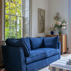 Coco 2.5 seater sofa with Self Piped Box Edge cushion in Designers Guild Brera Lino Indigo  - Hand Made in USA