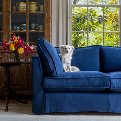 Coco 2.5 seater sofa with Self Piped Box Edge cushion in Designers Guild Brera Lino Indigo  - Hand Made in USA
