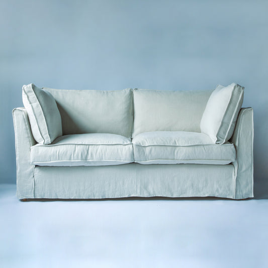 Coco 2.5 seater sofa with Self Piped Knife Edge cushion in Designers Guild Brera Lino Putty  - Hand Made in USA