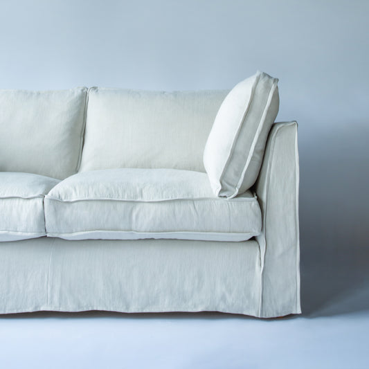 Coco 2.5 seater sofa with Self Piped Knife Edge cushion in Designers Guild Brera Lino Putty  - Hand Made in USA