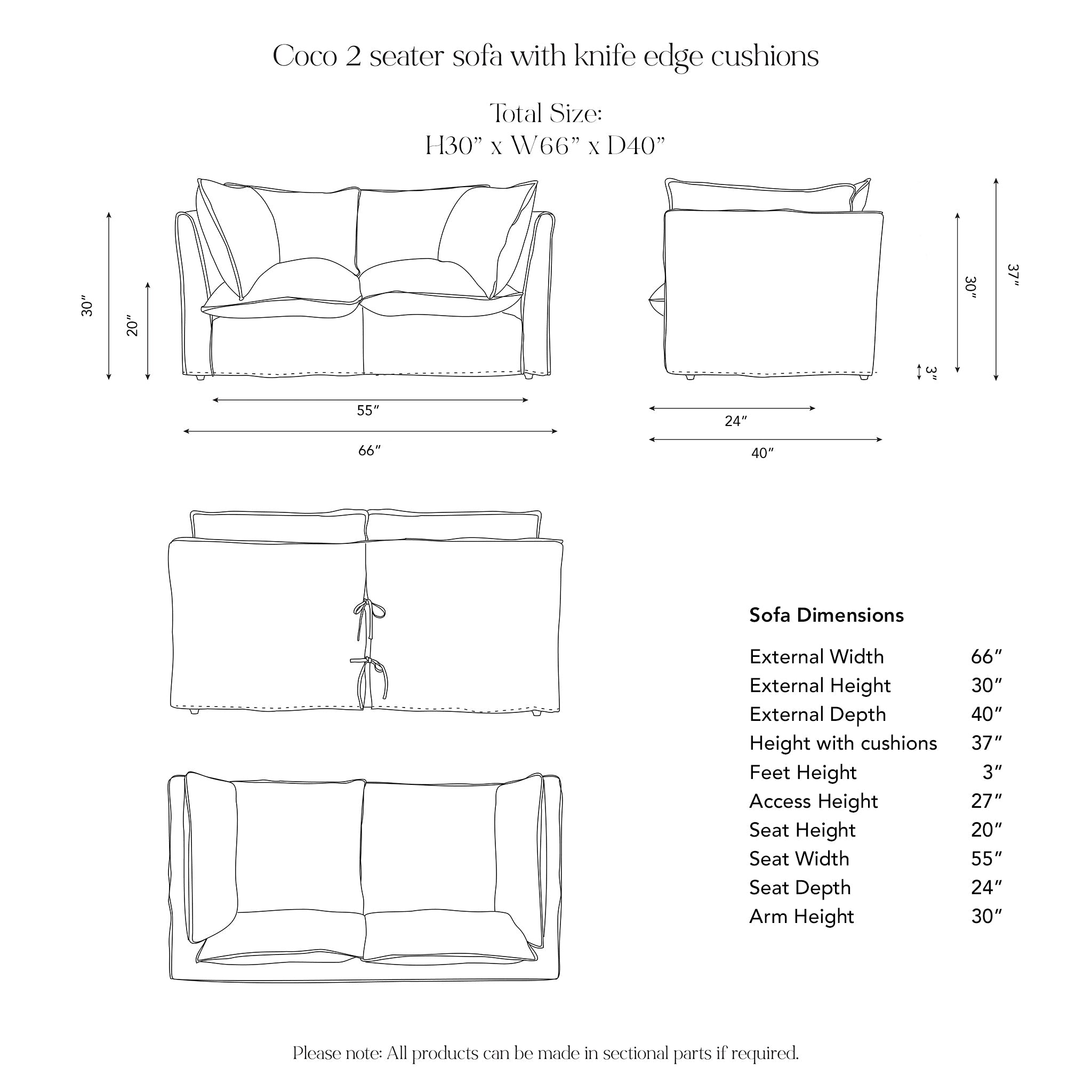 Coco 2 seater sofa dimensions
