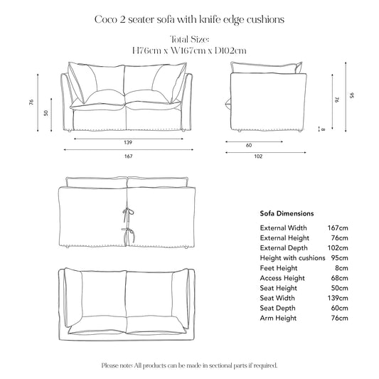Coco Loose Cover 2 seater sofa with Knife Edge cushions in Customer's Own Material - Handmade to Order in the USA