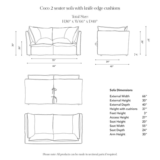 Coco 2 seater sofa with Knife Edge cushion in Otter Denim - Hand Made in USA