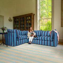 Coco 2 x 3 seater sofa Self Piped Knife Edge cushion in Coastal Blue Stripe - Hand Made in USA