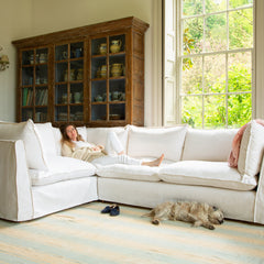 Coco 2 x 3 seater sofa Self Piped Knife Edge cushion in Cotton Linen Snow Drop  - Hand Made in USA