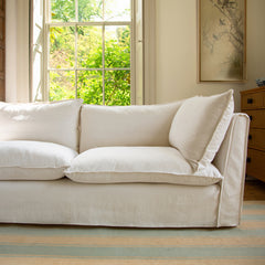 Coco 2 x 3 seater sofa Self Piped Knife Edge cushion in Cotton Linen Snow Drop  - Hand Made in USA