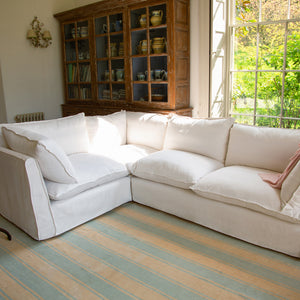 Coco 2 x 3 seater sofa Self Piped Knife Edge cushion in Cotton Linen Snow Drop  - Hand Made in USA