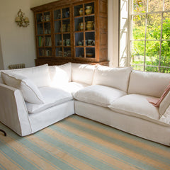 Coco 2 x 3 seater sofa Self Piped Knife Edge cushion in Cotton Linen Snow Drop  - Hand Made in USA