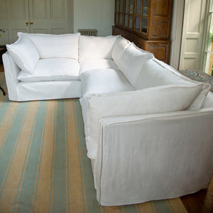 Coco 2 x 3 seater sofa Self Piped Knife Edge cushion in Cotton Linen Snow Drop  - Hand Made in USA