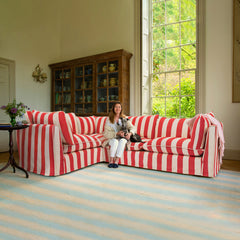 Coco 2 x 3 seater sofa Self Piped Knife Edge cushion in Petunia Red Stripe - Hand Made in USA