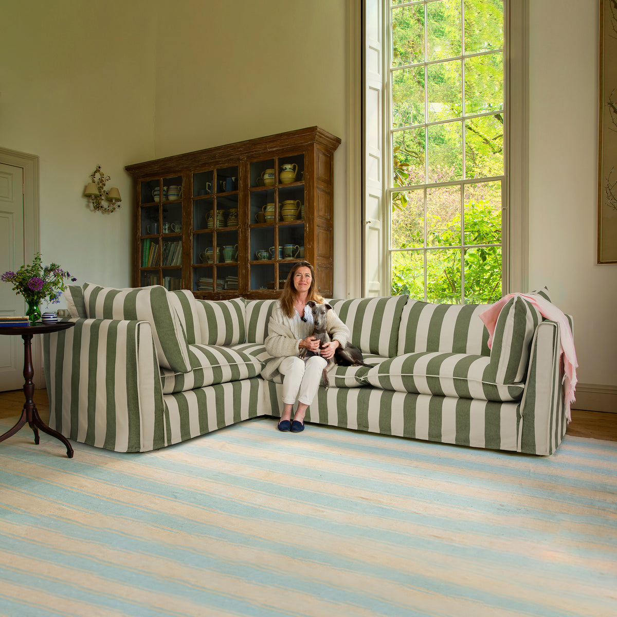 Coco 2 x 3 seater sofa Self Piped Knife Edge cushion in Spring Green Stripe - Hand Made in USA