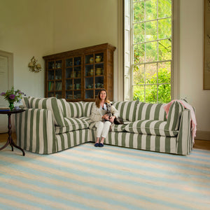 Coco 2 x 3 seater sofa Self Piped Knife Edge cushion in Spring Green Stripe - Hand Made in USA