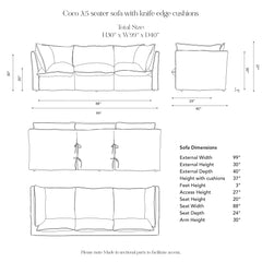 Coco 3.5 seater sofa with Self Piped Knife Edge cushion in Cotton Linen Inkspot  - Hand Made in USA