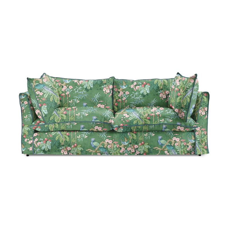 Coco 3 seater sofa with Knife Edge cushion in Juniper with Blue Lagoon Velvet Trim - Hand Made in USA